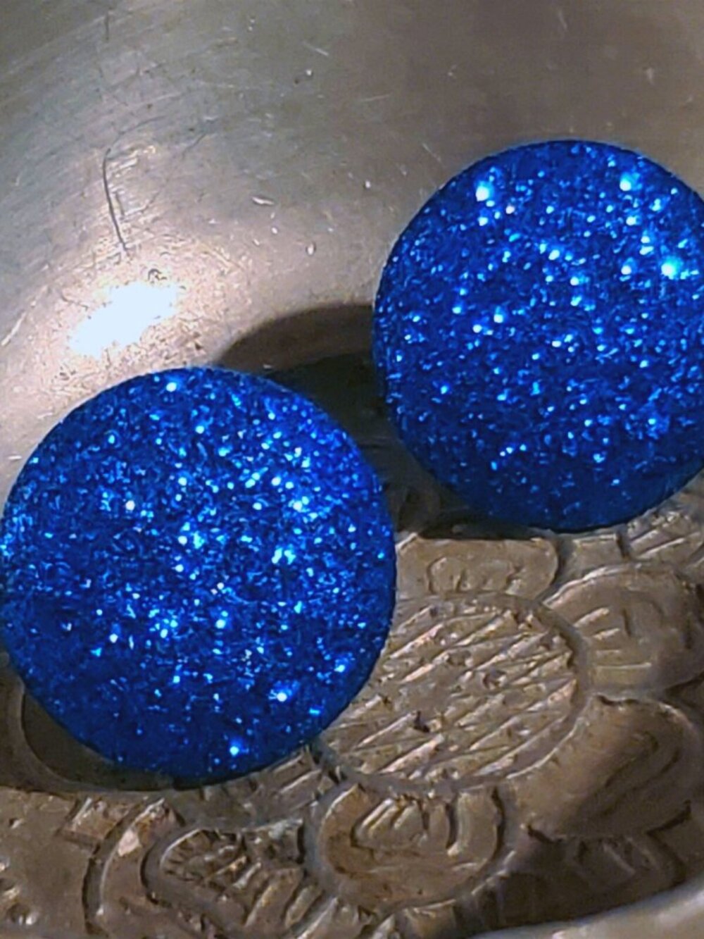 Cobalt Blue Fabric Button Earrings Retro 80s Club Glam Disco Sparkly